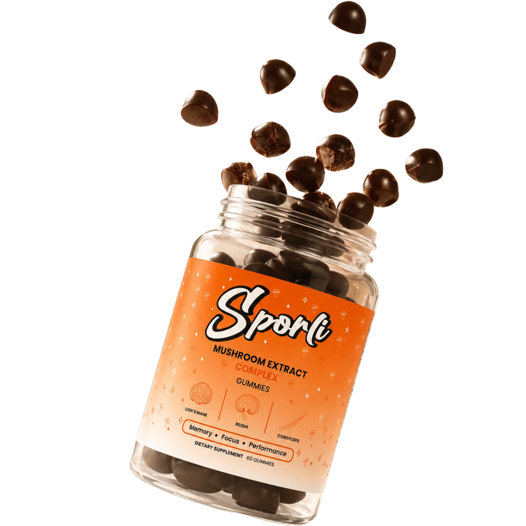 Sporli Mushroom Extract Complex Gummies 60-count jar with dynamic product display